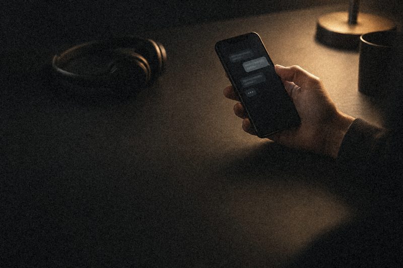 Рука держит смартфон с чатом, рядом наушники, тёплый свет лампы