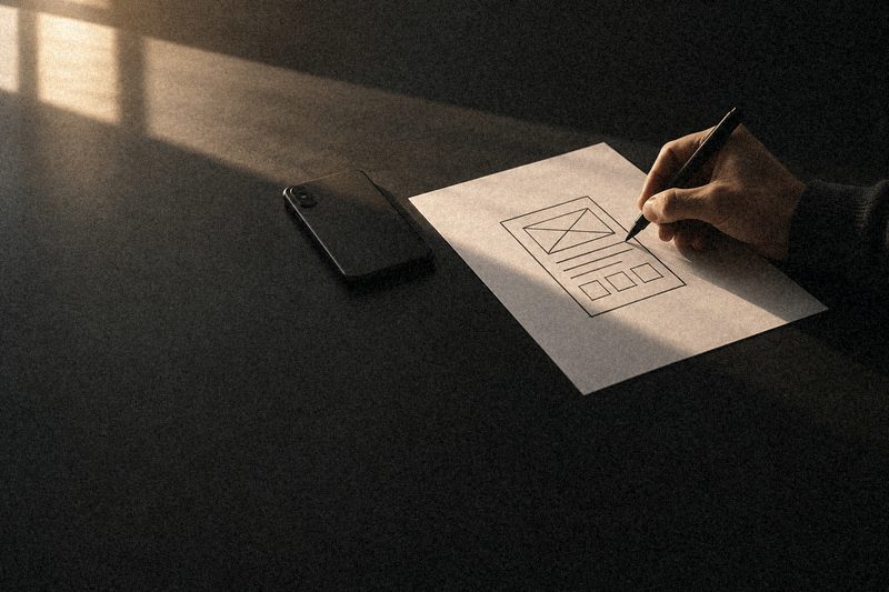 Рука рисует схему экрана на листе бумаги, рядом смартфон, тёплый свет из окна